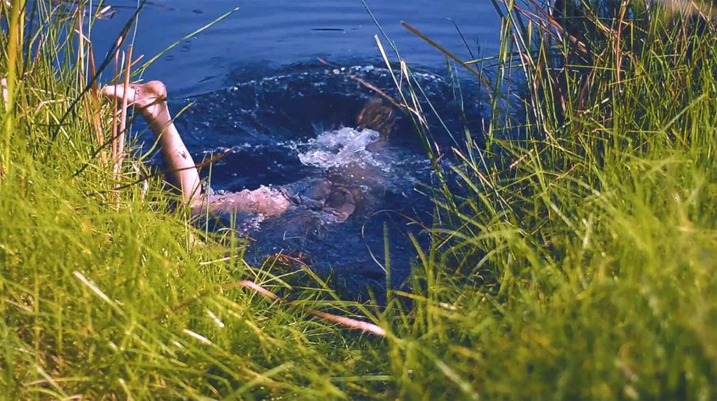 Person swimming in a creek, grass around the body of water
