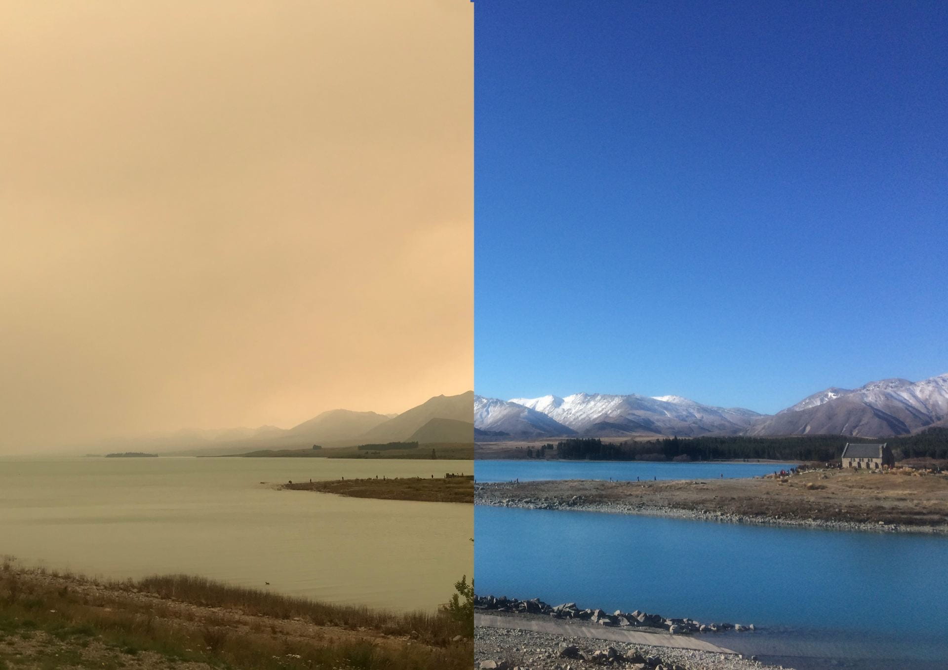 Dual image, left image is a sepia-tone image of a landscape with a body of water and mountains. Image on the right is a similar backdrop with stronger colours